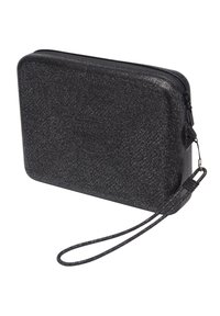 Musta ristkülikuline käekott, millel on tekstureeritud sädelev pind, tõmblukk ja randmepael. Mõõtmed on kompaktsed, sobivad väikeste esemete hoidmiseks.