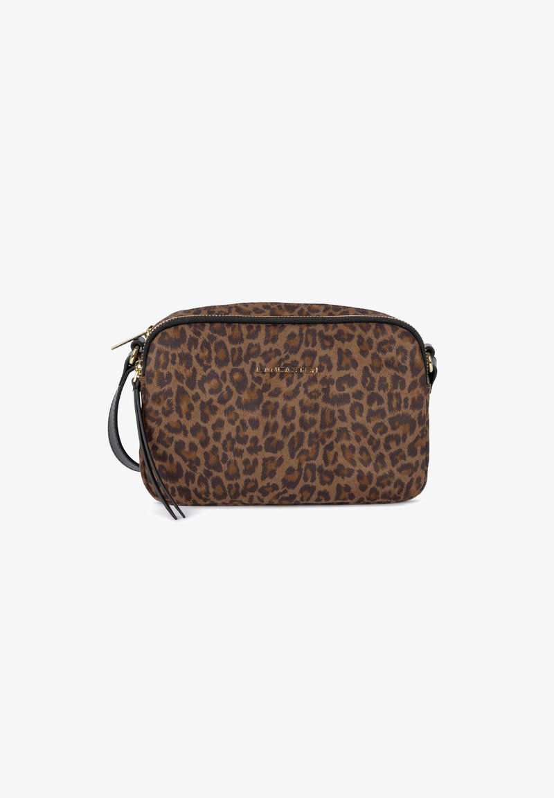 Borsa a tracolla con stampa leopardata realizzata in tessuto morbido con dettagli in pelle nera e chiusura con zip. Include una tracolla removibile.