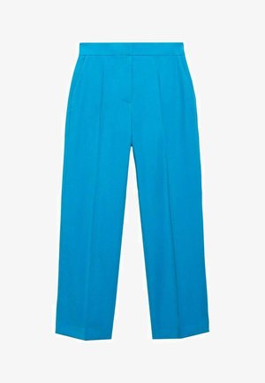 Blue trousers with a relaxed fit, featuring pleats, a smooth texture, and a straight leg design. No visible pockets or embellishments.