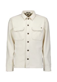 Witte button-up blouse van een textuurstof, met twee borstzakken en bruine knoopsluitingen. Klassieke kraag en lange mouwen.
