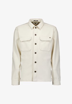 Witte button-up blouse van een textuurstof, met twee borstzakken en bruine knoopsluitingen. Klassieke kraag en lange mouwen.