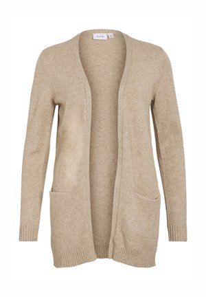 Beige gestrickte Strickjacke mit offenem Vorderteil, langen Ärmeln, gerippten Bündchen und zwei vorderen Taschen. Weiche Textur mit lässiger Passform.