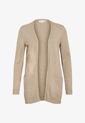 Beżowy sweter z dzianiny z otwartym przodem, długimi rękawami, ribbowanymi mankietami i dwiema przednimi kieszeniami. Miękka tekstura i luźny krój.