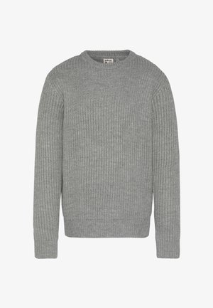 Grauer Strickpullover mit rundem Ausschnitt, gerippter Struktur, langen Ärmeln und engem Saum. Hergestellt aus einem weichen, leichten Stoff.