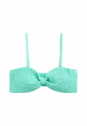 Light turquoise textured bikini top with adjustable thin shoulder straps and gathered center knot detail on white background.