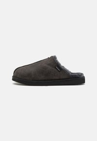 Dark gray suede slip-on slipper with black sole and soft gray fleece lining, viewed from the side against a white background.