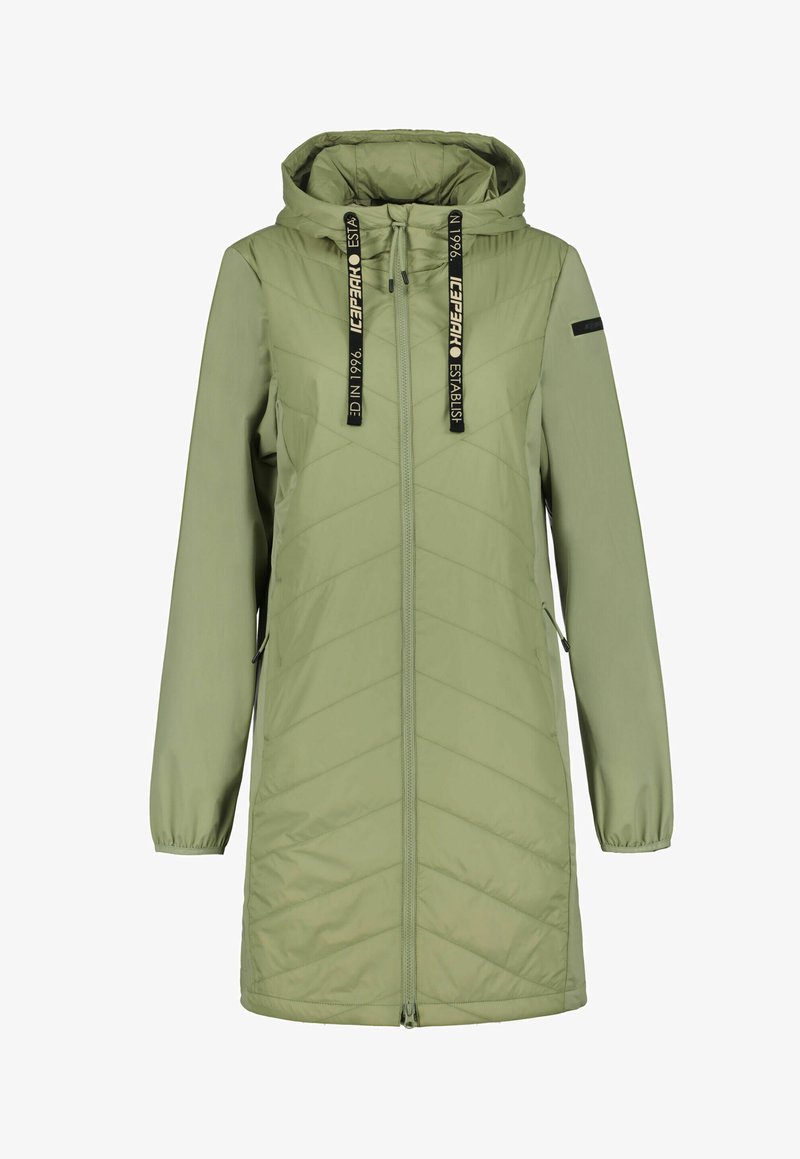 Hellgrüne lange Kapuzenjacke mit Frontreißverschluss, zwei seitlichen Reißverschlusstaschen und schwarzen Kordeln mit weißem Text.