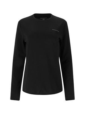 Schwarzes langärmeliges Sportshirt aus glattem, atmungsaktivem Stoff, mit einem dezenten strukturierten Muster und einem kleinen Logo auf der linken Brustseite.