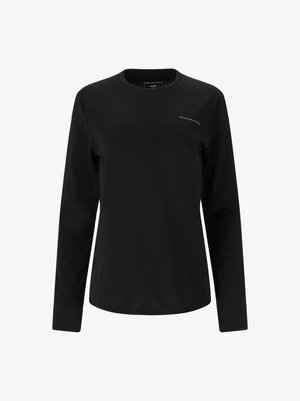 Schwarzes langärmeliges Sportshirt aus glattem, atmungsaktivem Stoff, mit einem dezenten strukturierten Muster und einem kleinen Logo auf der linken Brustseite.