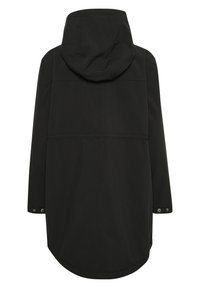 Giacca nera con cappuccio, dal tessuto liscio, caratterizzata da un orlo arrotondato e dettagli con bottoni a pressione sulle maniche. Design semplice e funzionale.