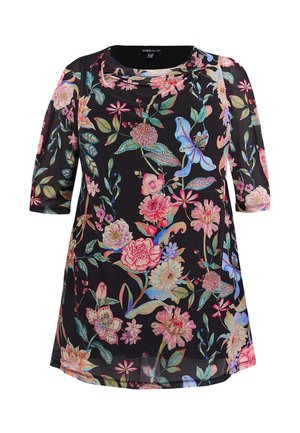 Zwarte bloemen top met een col hals, driekwart mouwen, voorzien van kleurrijke bloemen en bladeren, gladde stof en een ontspannen pasvorm.