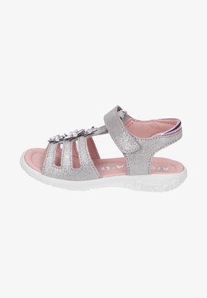Zilverkleurige glittersandalen met drie uitsparingen, bloemenaccenten en een roze gevoerde inlegzool op een witte rubberen zool. Klittenbandsluiting.
