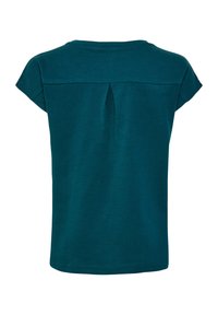 Turquoise T-shirt met korte mouwen van zachte katoen. Heeft een plooi aan de achterkant en een ronde halslijn. Eenvoudig ontwerp met een relaxte pasvorm.