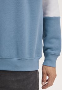 Felpa azzurra con un accento bianco sulla manica, caratterizzata da polsini e orlo a costine. La consistenza liscia e il taglio casual sono visibili.