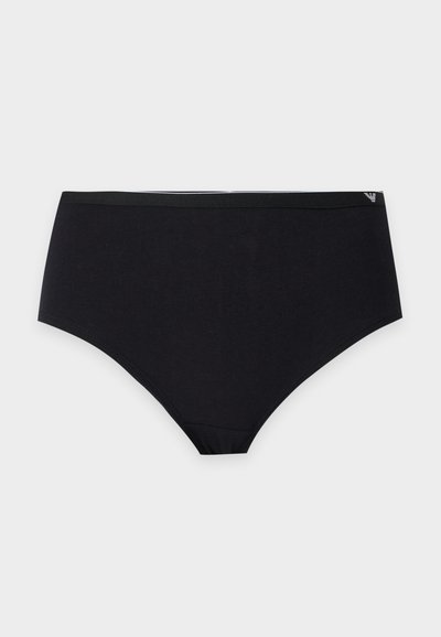 Culotte taille haute noire avec un design simple et un petit logo sur la ceinture sur fond blanc.