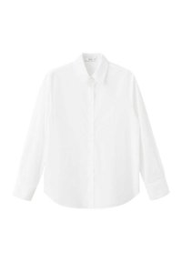 Chemise blanche à manches longues avec boutons, col et poignets, présentée à plat sur fond blanc.