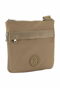Beige nylon crossbody bag with a textured fabric band, zip closure, and embossed logo on the front. Rectangular shape, smooth surface.