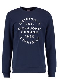 Námořnická modrá mikina ze směsi bavlny s kulatým výstřihem, žebrovanými manžetami a lemem. Obsahuje bílý kruhový textový design a branding.