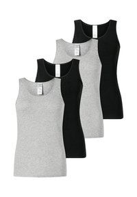 Vier Tanktops in Grau und Schwarz, mit U-Ausschnitt, aus weichem Baumwollmaterial und einem strukturierten Rand an den Armausschnitten.