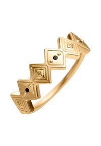 Anillo de oro en forma de zigzag, que presenta formas geométricas de diamantes con superficies texturizadas y pequeños acentos negros, mostrando un diseño moderno y estructurado.