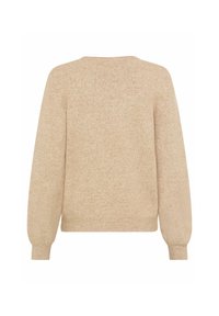 Beige gestrickter Pullover mit Rundhalsausschnitt, langen Ärmeln und gerippten Bündchen. Weiche Textur mit einem dezenten melierten Muster.