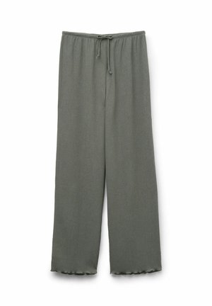 Pantalones de tela ligera con textura en verde oscuro. Presentan una cinturilla elástica con cordón y piernas acampanadas con bordes ondulados.
