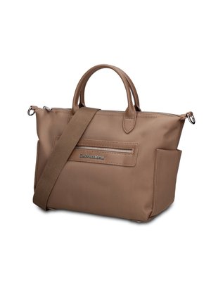 Bruine handtas met dubbele handvatten, verstelbare schouderriem, voorvak met rits en zijvakken, merk Gan Marco Venturi.