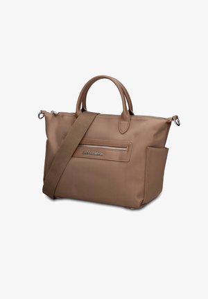 Bruine handtas met dubbele handvatten, verstelbare schouderriem, voorvak met rits en zijvakken, merk Gan Marco Venturi.