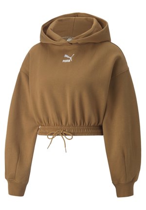 Brązowa krótka bluza z kapturem z długimi rękawami, elastycznym ściągaczem w talii i białym logo Puma na piersi.