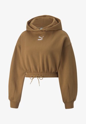 Brązowa krótka bluza z kapturem z długimi rękawami, elastycznym ściągaczem w talii i białym logo Puma na piersi.