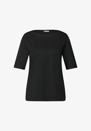 Zwarte korte mouwen T-shirt van katoen. Heeft een brede ronde halslijn en een ontspannen pasvorm met een zachte textuur. Schoon, eenvoudig ontwerp.