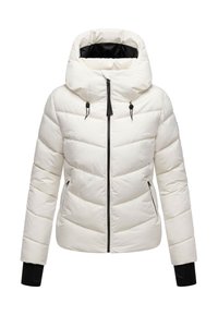 Veste matelassée blanche avec capuche, dotée de sections matelassées verticales, d'un intérieur noir, d'une fermeture éclair sur le devant et de poignets élastiques.