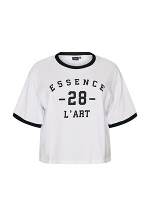 Biele tričko s krátkym rukávom, čiernym golierom a lemami na rukávoch, na prednej strane čierny nápis "ESSENCE 28 L'ART".