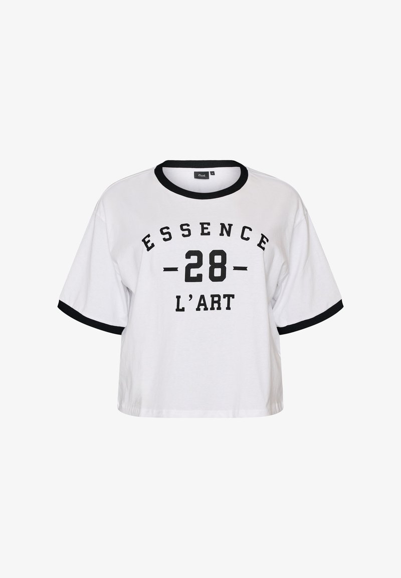 T-shirt blanc à manches courtes avec col et bords de manches noirs, comportant le texte noir "ESSENCE 28 L'ART" sur le devant.
