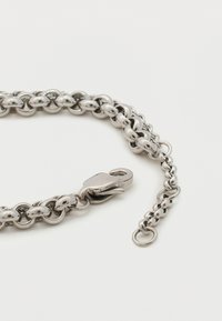 Κλείσιμο επάνω σε ασημένιο κολιέ αλυσίδα με διασυνδεδεμένους οβάλ κρίκους και κούμπωμα τύπου αστακού σε λευκό φόντο.