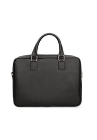Briefcase sintetico nero con doppie maniglie, forma rettangolare elegante, superficie testurizzata e dettagli in metallo argentato. Chiusura con zip.