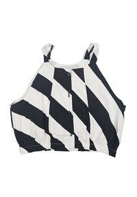 Top corto a righe bianche e nere con orlo arricciato, spalline regolabili e bottoni frontali. Tessuto morbido con una superficie liscia.