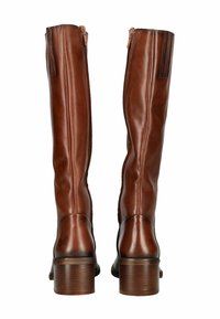 Høje brune læderstøvler med en tætsiddende design, lynlås i siden og blokkens hæl. Glat tekstur med diskrete syninger.