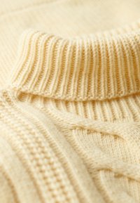 Pull en tricot de couleur crème avec un col roulé côtelé et des motifs texturés sur tout le tissu, mettant en valeur des détails de couture complexes.