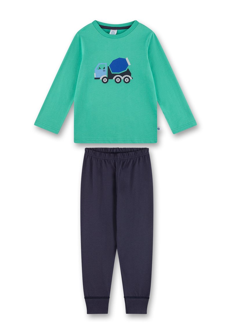 Grünes Langarmshirt mit einem blauen Lastwagen-Graphic, kombiniert mit dunkelblauen elastischen Bundhosen. Aus Baumwolle; lässiges Design.