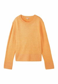 Pomarańczowy sweter dzianinowy z okrągłym dekoltem, ściągaczami przy mankietach i na dole. Miękka tekstura, luźny krój i jednolity kolor bez wzorów.