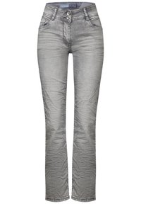 Pantaloni in denim grigio con una leggera elasticità, caratterizzati da un lavaggio sbiadito, chiusura a due bottoni e quattro tasche, progettati con una vestibilità dritta.