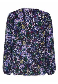 Blusa a maniche lunghe floreale con fondo blu navy, motivi floreali vivaci in viola, giallo e verde, e una vestibilità rilassata con polsini arricciati.
