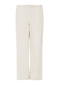 Beige wijde broek van zacht materiaal, voorzien van een elastische tailleband en twee zijzakken, met een gladde textuur en minimale details.