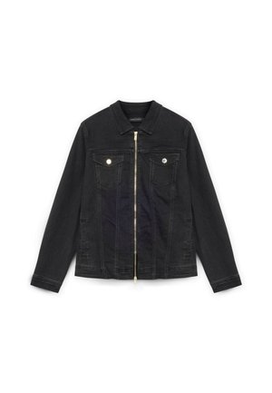 Giacca in denim nero con zip frontale, due tasche a soffietto sul petto con bottoni, maniche lunghe e colletto classico.