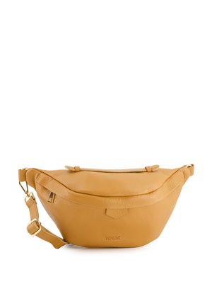Hellederne Bauchtasche mit einer glatten Textur, geschwungenen Form und einem Reißverschluss oben. Verfügt über einen abnehmbaren Gurt und ein dezentes Logodesign.