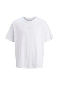 T-shirt bianco in cotone con collo a giro, maniche corte e una stampa di testo sottile al centro. Tessuto morbido e vestibilità comoda.