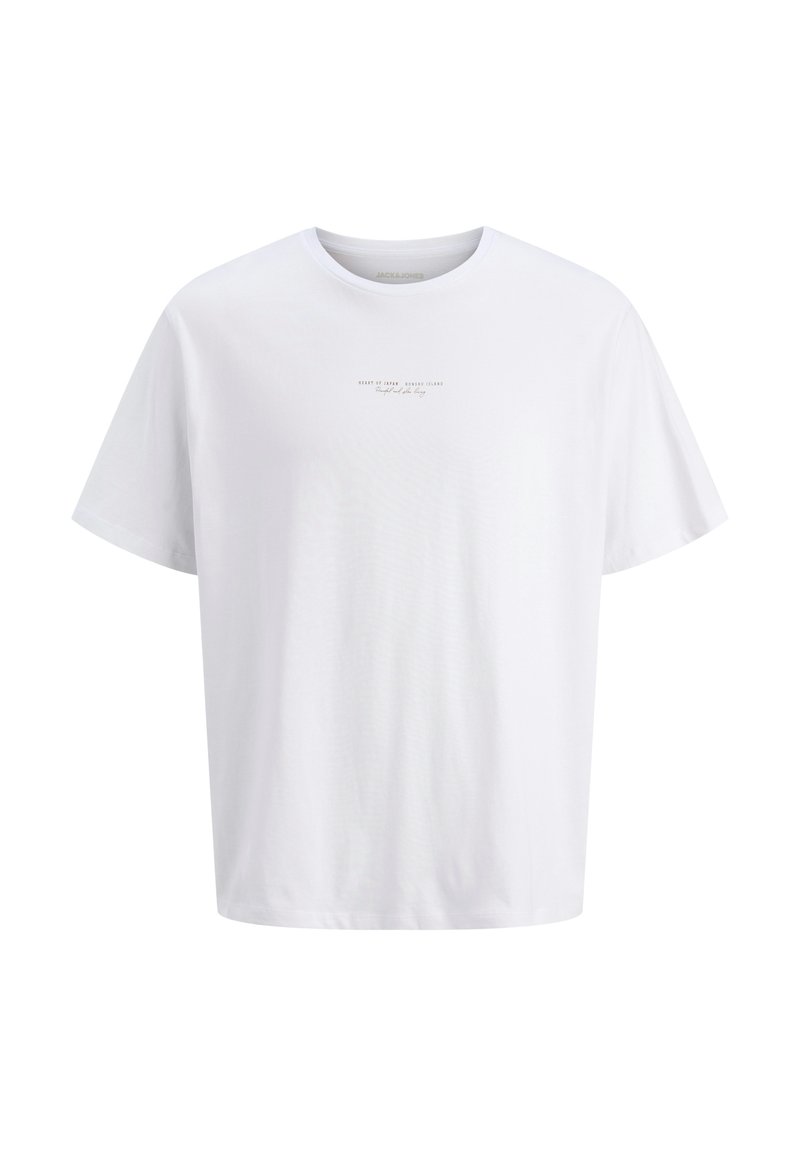 T-shirt bianco in cotone con collo a giro, maniche corte e una stampa di testo sottile al centro. Tessuto morbido e vestibilità comoda.