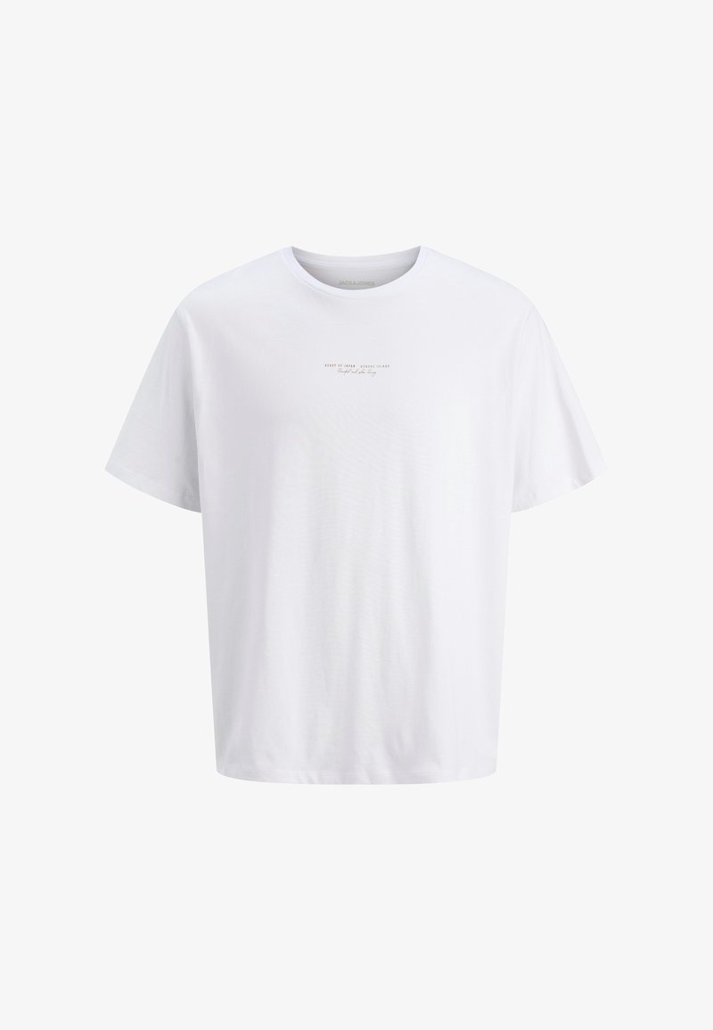 T-shirt bianco in cotone con collo a giro, maniche corte e una stampa di testo sottile al centro. Tessuto morbido e vestibilità comoda.