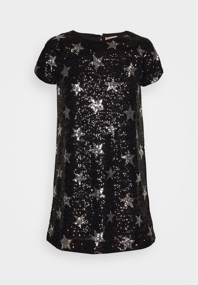 Robe noire à manches courtes avec un motif d'étoiles en sequins, un col rond et une fermeture éclair dans le dos. Tissu doux et texturé qui crée un effet scintillant.